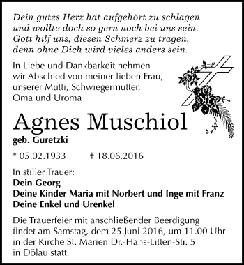 Traueranzeige von Agnes Muschiol von Mitteldeutsche Zeitung Halle/Saalkreis