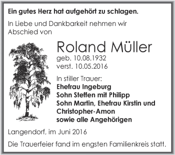 Traueranzeige von Roland Müller von WVG - Wochenspiegel NMB / WSF / ZTZ