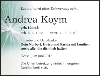 Traueranzeige von Andrea Koym von Mitteldeutsche Zeitung Dessau-Roßlau