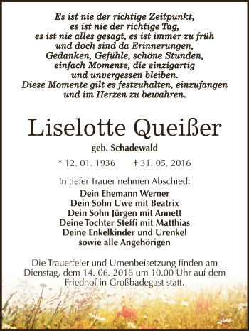 Traueranzeige von Liselotte Queißer von WVG - Wochenspiegel Dessau / Köthen