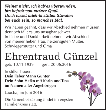 Traueranzeige von Ehrentraud Günzel von Mitteldeutsche Zeitung Naumburg/Nebra