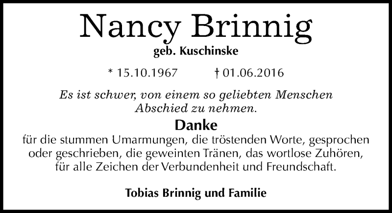  Traueranzeige für Nancy Brinnig vom 25.06.2016 aus Mitteldeutsche Zeitung Wittenberg