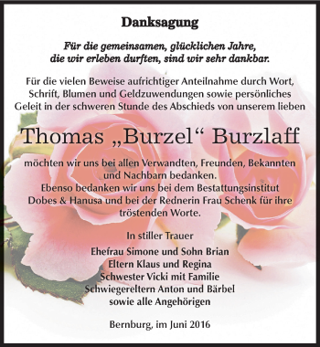 Traueranzeige von Thomas  Burzlaff von Mitteldeutsche Zeitung Bernburg