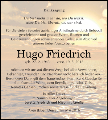 Traueranzeige von Hugo Friedrich von WVG - Wochenspiegel Dessau / Köthen