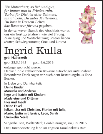 Traueranzeige von Ingrid Kulla von Mitteldeutsche Zeitung Sangerhausen