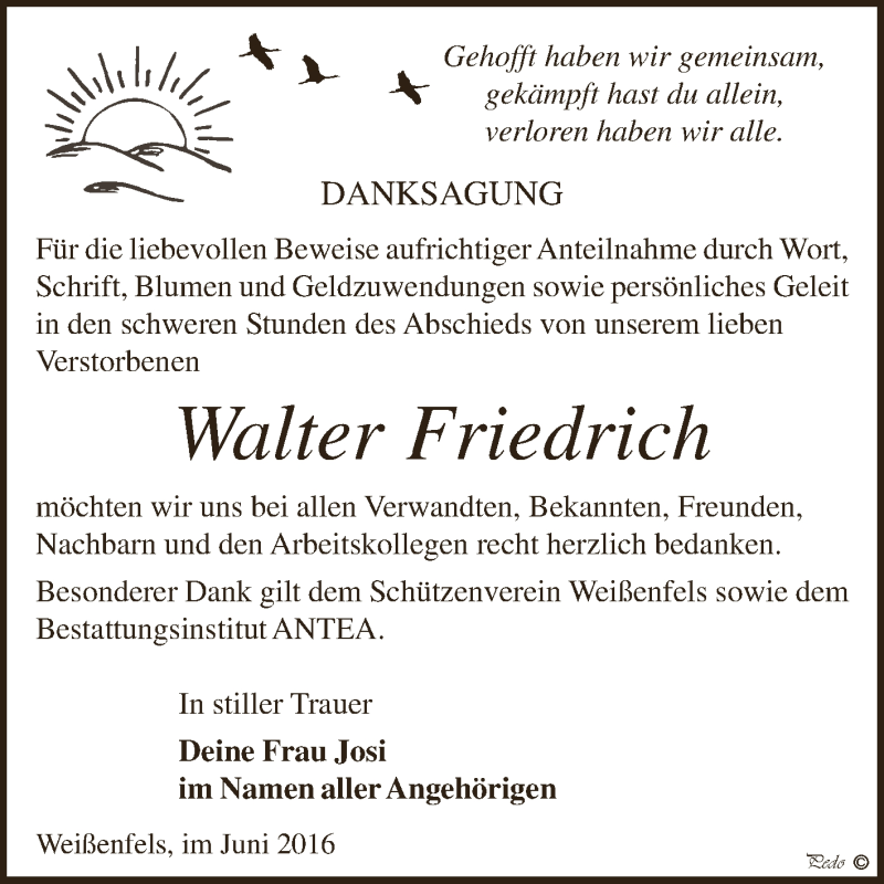  Traueranzeige für Walter Friedrich vom 08.06.2016 aus WVG - Wochenspiegel NMB / WSF / ZTZ