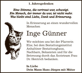 Traueranzeige von Inge Günner von WVG - Wochenspiegel Dessau / Köthen