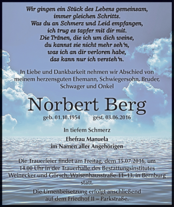 Traueranzeige von Norbert Berg von Mitteldeutsche Zeitung Bernburg