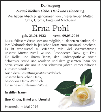 Traueranzeige von Erna Pohl von Wochenspiegel Mansfelder Land