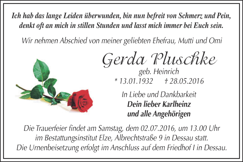  Traueranzeige für Gerda Pluschke vom 04.06.2016 aus WVG - Wochenspiegel Dessau / Köthen