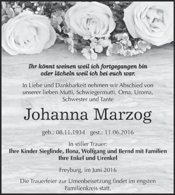 Traueranzeige von Johanna Marzog von WVG - Wochenspiegel NMB / WSF / ZTZ