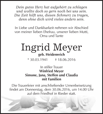 Traueranzeige von Ingrid Meyer von WVG - Wochenspiegel Quedlinburg