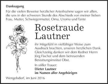 Traueranzeige von Rosetraude Lautner von Super Sonntag Merseburg
