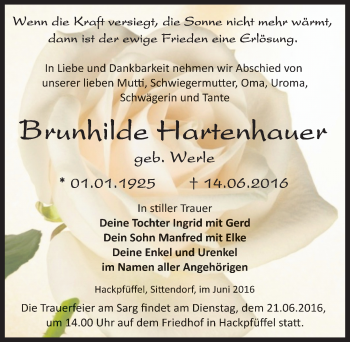 Traueranzeige von Brunhilde Hartenhauer von Mitteldeutsche Zeitung Sangerhausen