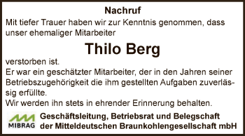 Traueranzeige von Thilo Berg von Super Sonntag Zeitz