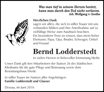 Traueranzeige von Bernd Lodderstedt von WVG - Wochenspiegel Dessau / Köthen