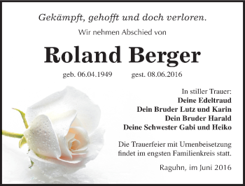 Traueranzeige von Roland Berger von Mitteldeutsche Zeitung Bitterfeld