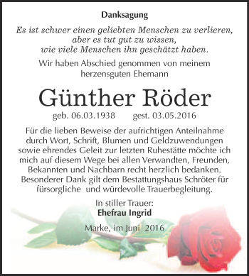 Traueranzeige von Günther Röder von WVG - Wochenspiegel Bitterfeld