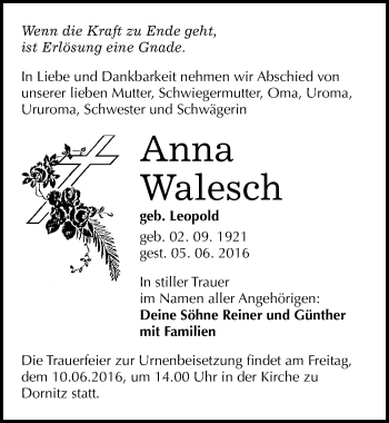 Traueranzeige von Anna Walesch von Mitteldeutsche Zeitung Halle/Saalkreis