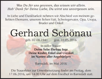 Traueranzeige von Gerhard Schönau von WVG - Wochenspiegel Merseburg