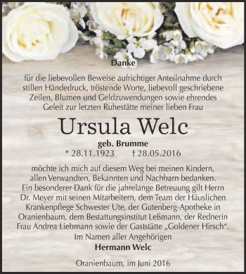 Traueranzeige von Ursula Welc von WVG - Wochenspiegel Wittenberg