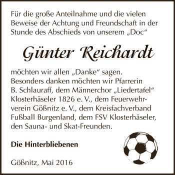Traueranzeige von Günter Reichardt von WVG - Wochenspiegel NMB / WSF / ZTZ