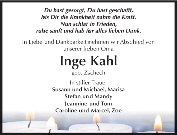 Traueranzeige von Inge Kahl von Mitteldeutsche Zeitung Weißenfels