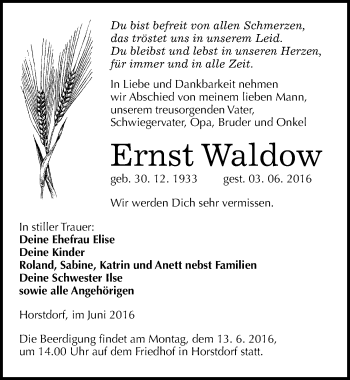Traueranzeige von Ernst Waldow von Mitteldeutsche Zeitung Wittenberg