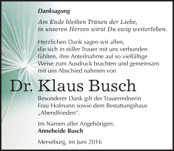 Traueranzeige von Klaus Busch von Mitteldeutsche Zeitung Merseburg/Querfurt