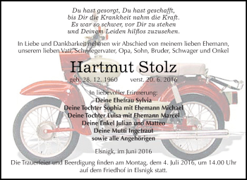Traueranzeige von Hartmut Stolz von WVG - Wochenspiegel Dessau / Köthen
