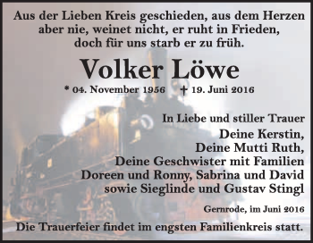 Traueranzeige von Volker Löwe von WVG - Wochenspiegel Quedlinburg