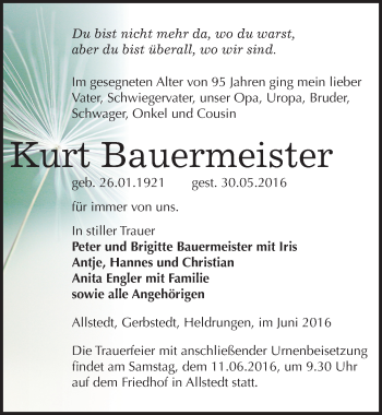 Traueranzeige von Kurt Bauermeister von Mitteldeutsche Zeitung Sangerhausen