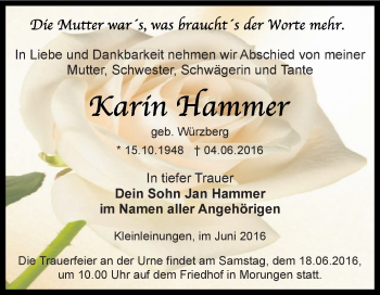 Traueranzeige von Karin Hammer von Super Sonntag SGH Mansf. Land