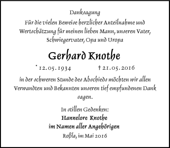 Traueranzeige von Gerhard Knothe von Mitteldeutsche Zeitung Sangerhausen