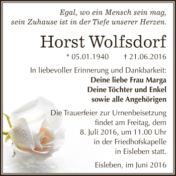 Traueranzeige von Horst Wolfsdorf von Wochenspiegel Mansfelder Land