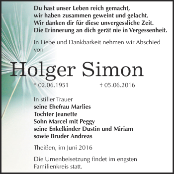 Traueranzeige von Holger Simon von Super Sonntag Zeitz