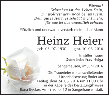 Traueranzeige von Heinz Heier von Mitteldeutsche Zeitung Sangerhausen