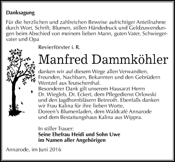 Traueranzeige von Manfred Dammköhler von Mitteldeutsche Zeitung Mansfelder Land