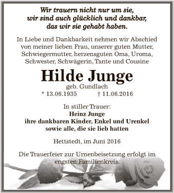 Traueranzeige von Hilde Junge von Super Sonntag SGH Mansf. Land
