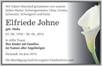 Traueranzeige von Elfriede Johne von Mitteldeutsche Zeitung Mansfelder Land