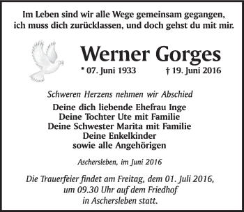 Traueranzeige von Werner Gorges von Mitteldeutsche Zeitung Aschersleben