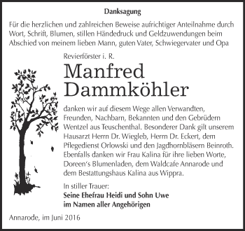 Traueranzeige von Manfred Dammköhler von Wochenspiegel Mansfelder Land