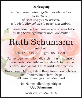 Traueranzeige von Ruth Schumann von Mitteldeutsche Zeitung Bitterfeld