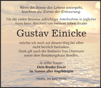 Traueranzeige von Gustav Einicke von Mitteldeutsche Zeitung Sangerhausen