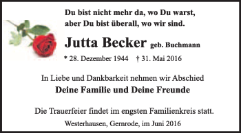 Traueranzeige von Jutta Becker von WVG - Wochenspiegel Quedlinburg