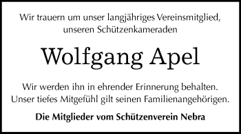 Traueranzeige von Wolfgang Apel von WVG - Wochenspiegel Merseburg