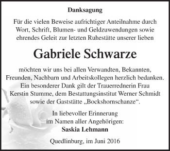 Traueranzeige von Gabriele Schwarze von WVG - Wochenspiegel Quedlinburg
