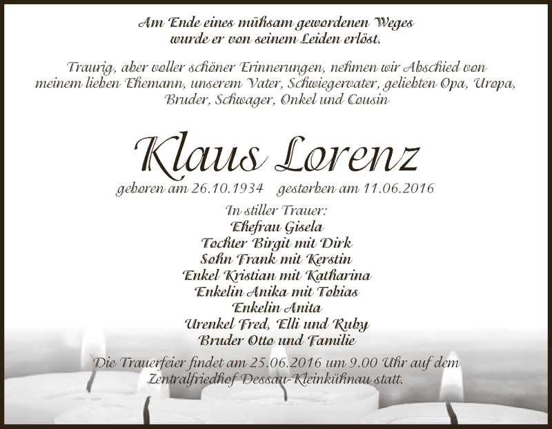  Traueranzeige für Klaus Lorenz vom 18.06.2016 aus WVG - Wochenspiegel Dessau / Köthen