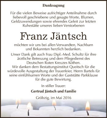 Traueranzeige von Franz Jäntsch von WVG - Wochenspiegel Dessau / Köthen