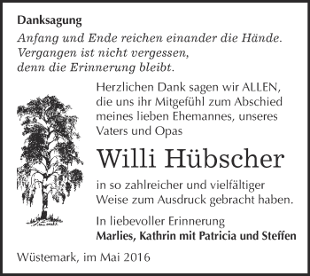 Traueranzeige von Willi Hübscher von Super Sonntag Wittenberg